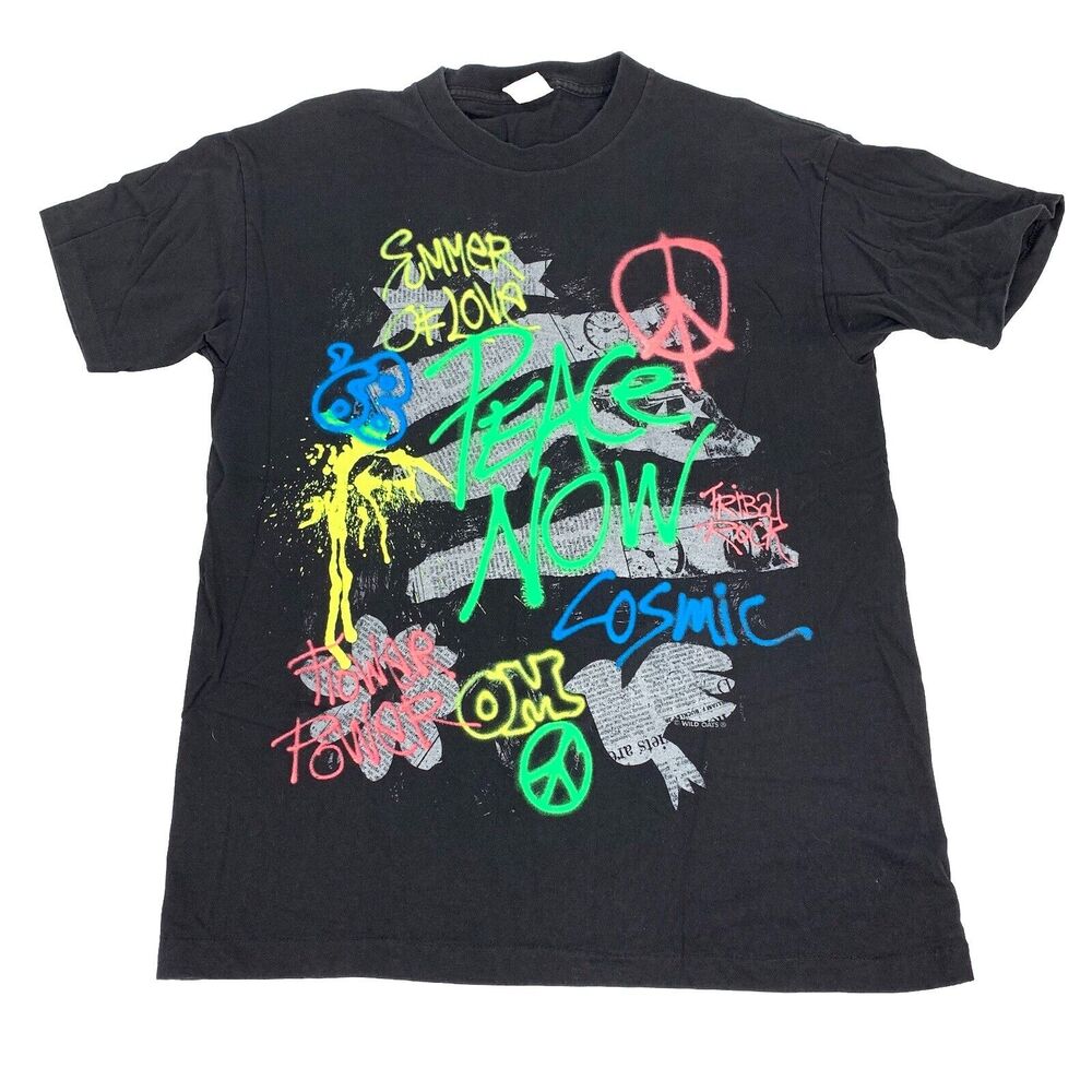 Vintage 90s Peace Now Graffiti Single Stitch Short Sleeve T-Shirt Large Black L